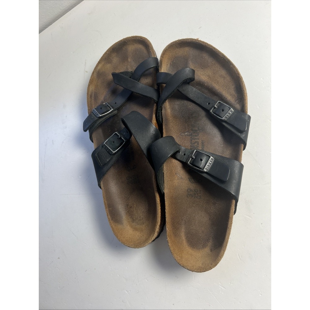 Birkenstock Women's 39 Mayari Slip on Dark Brown Leather Slide Sandals Toe Loop - Picture 7 of 8